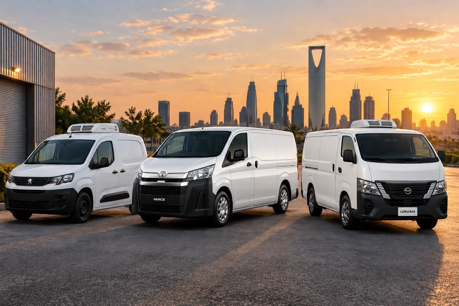 باصات مبردة وجافة تابعة لأسطول PS Logistics أمام أفق الرياض: بيجو وتويوتا هايس ونيسان أورفان