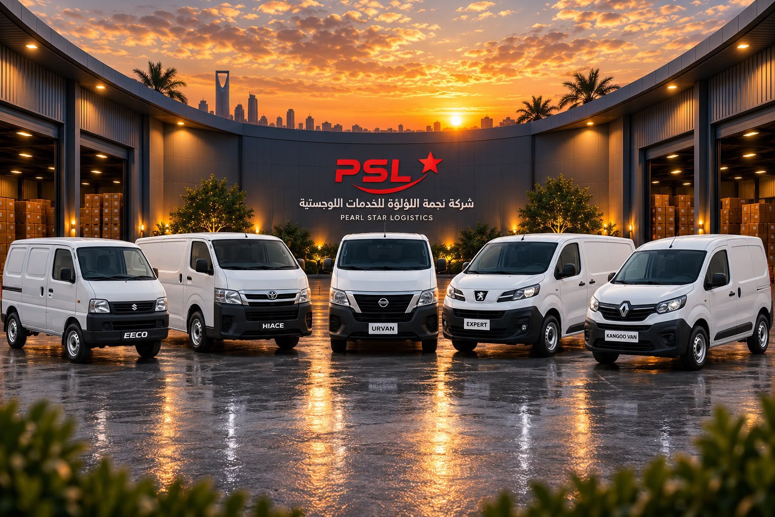 أسطول فانات PS Logistics للتشغيل اليومي: سوزوكي وتويوتا هايس ونيسان أورفان وبيجو إكسبرت ورينو كانجو أمام مستودعات الشركة مع أفق الرياض