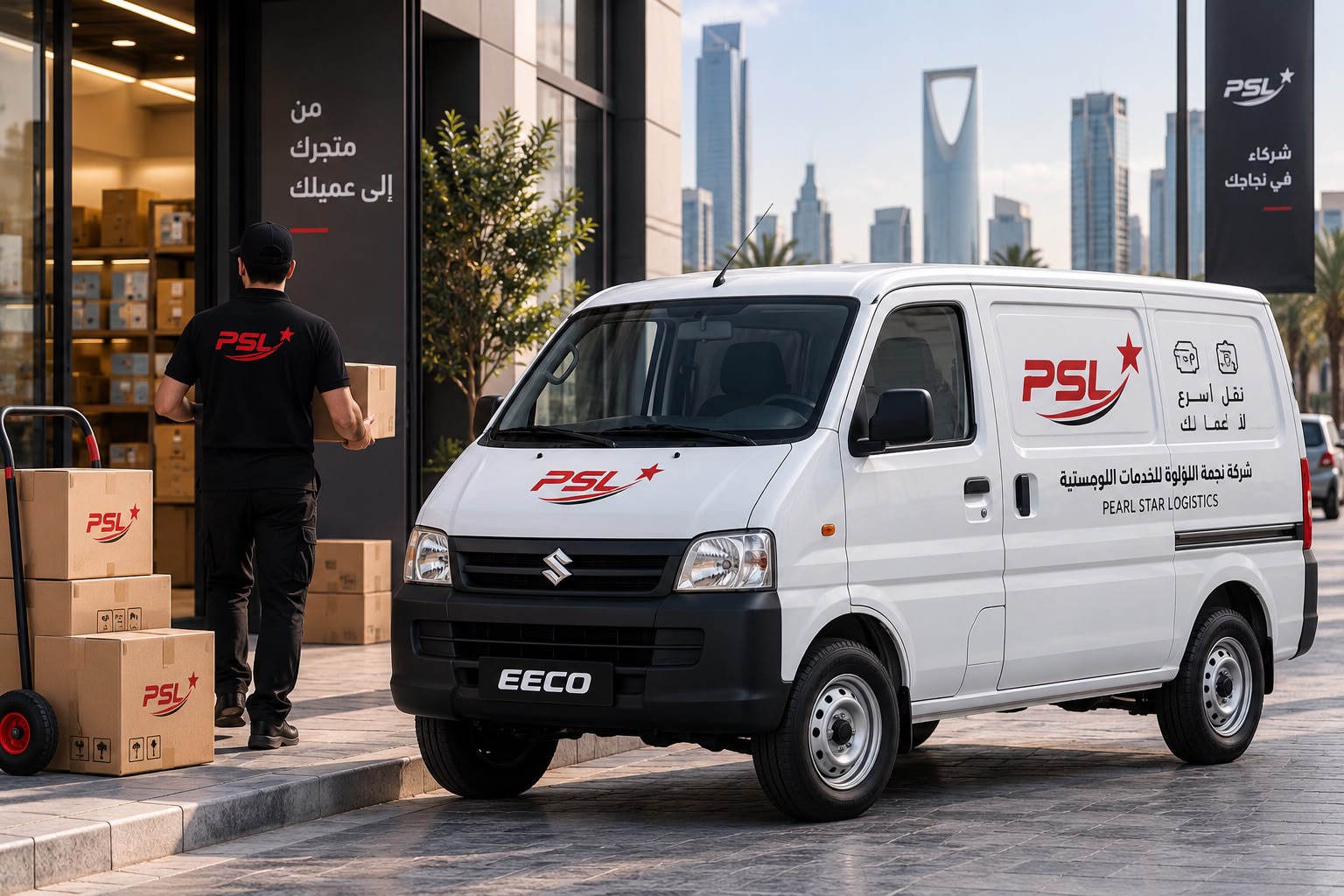 فان سوزوكي من PS Logistics للتوصيل السريع أمام متجر في الرياض مع عامل توصيل وصناديق بضائع